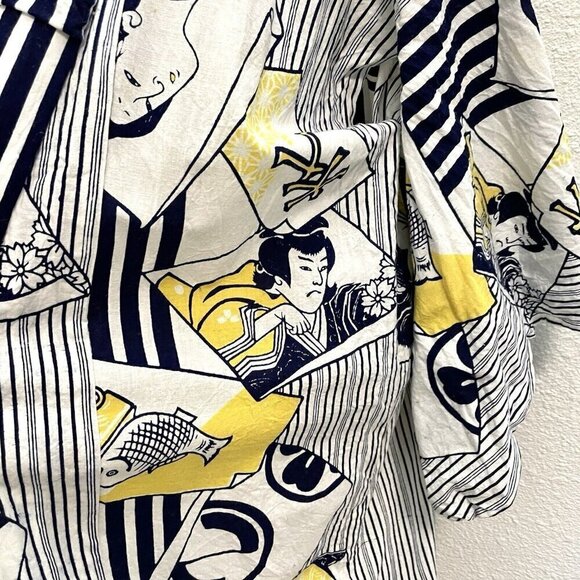 100% Linen Japanese Kimono Traditional Folk Unique Blue Yellow One Size - Picture 7 of 11